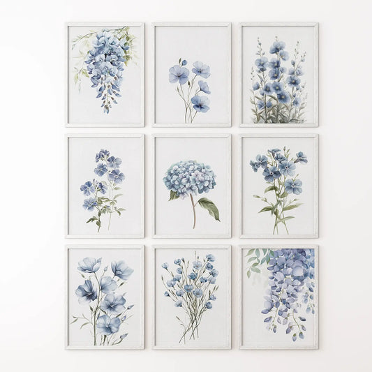 9 Piece Wall Art Decor. Blue Hydrangea Floral Posters