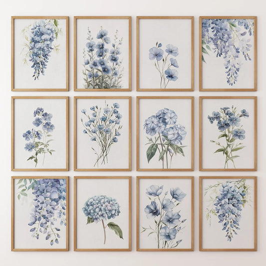 Set of 12 Watercolor Flowers Prints. Blue Hydrangea Wall Art