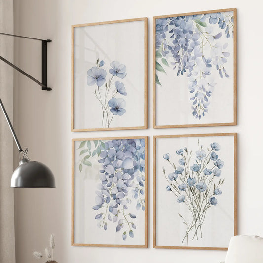 Blue Floral Wall Art Set of 4. Watercolor Wisteria Print