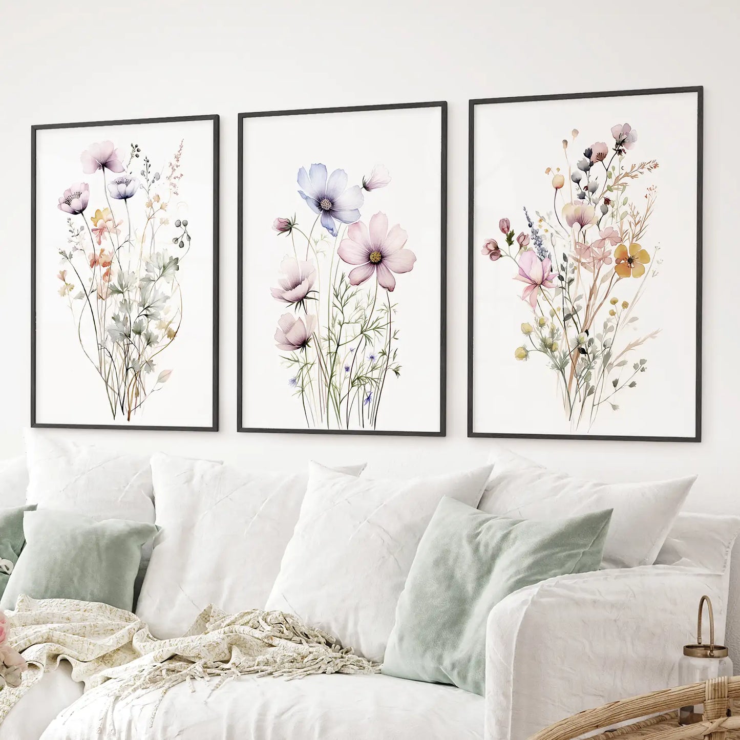 Watercolor Floral Wall Art. Set of 3 Botanical Prints
