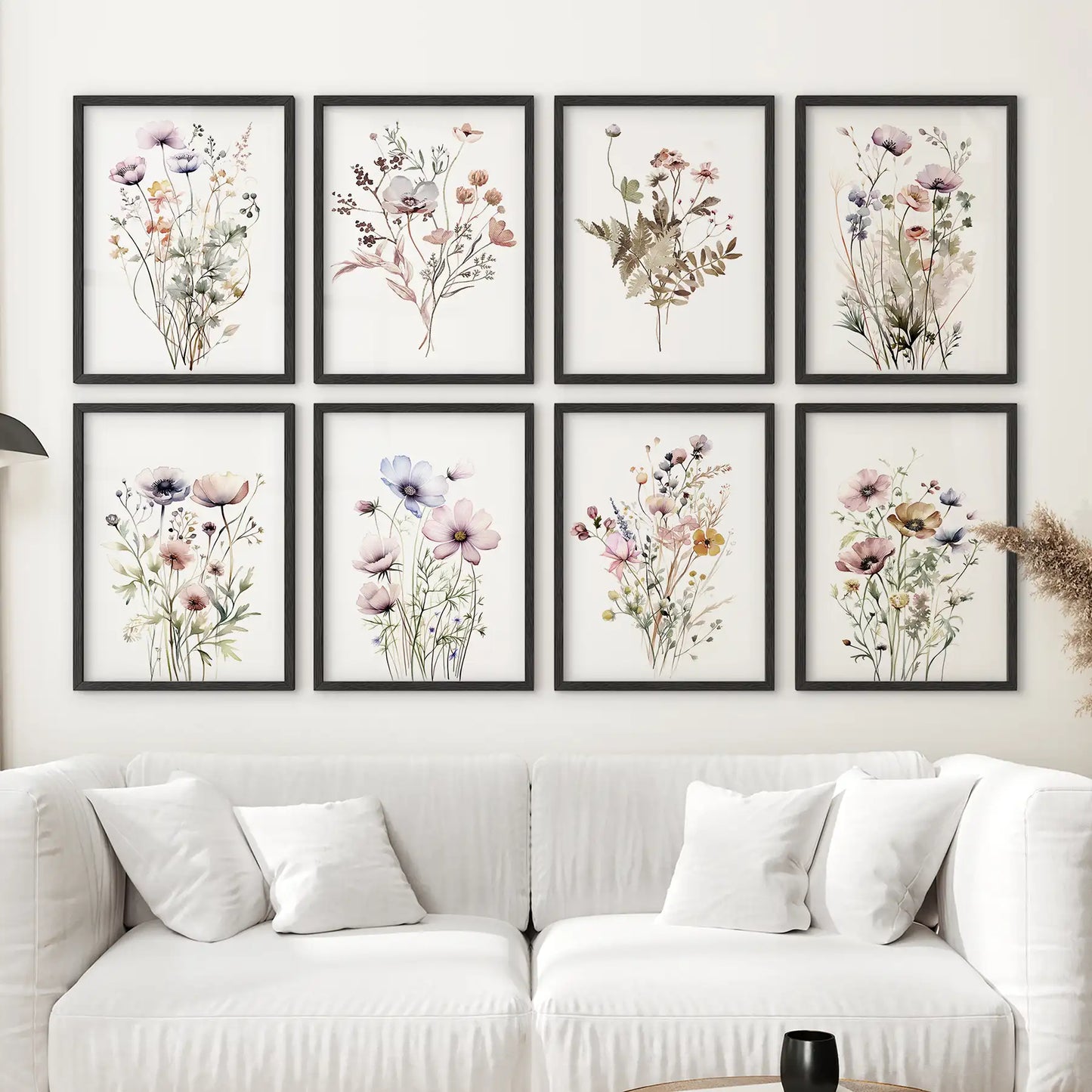 Watercolor Wildflower Gallery Wall. 8 Piece Botanical Print Set for Living Room