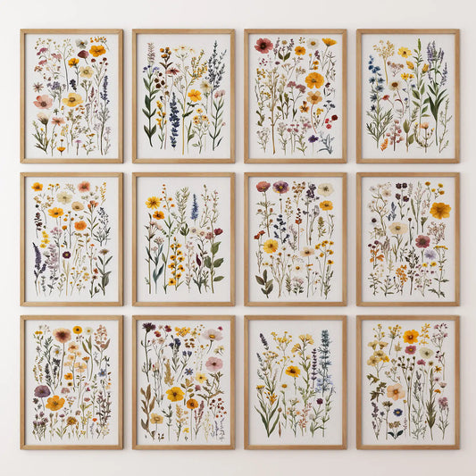 Pressed Flower Art Print Set of 12. Botanical Lithograph