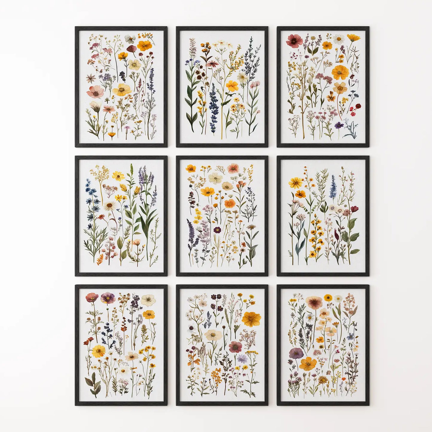 Meadow Wildflowers Prints. Floral Wall Art Set of 9 Pieces