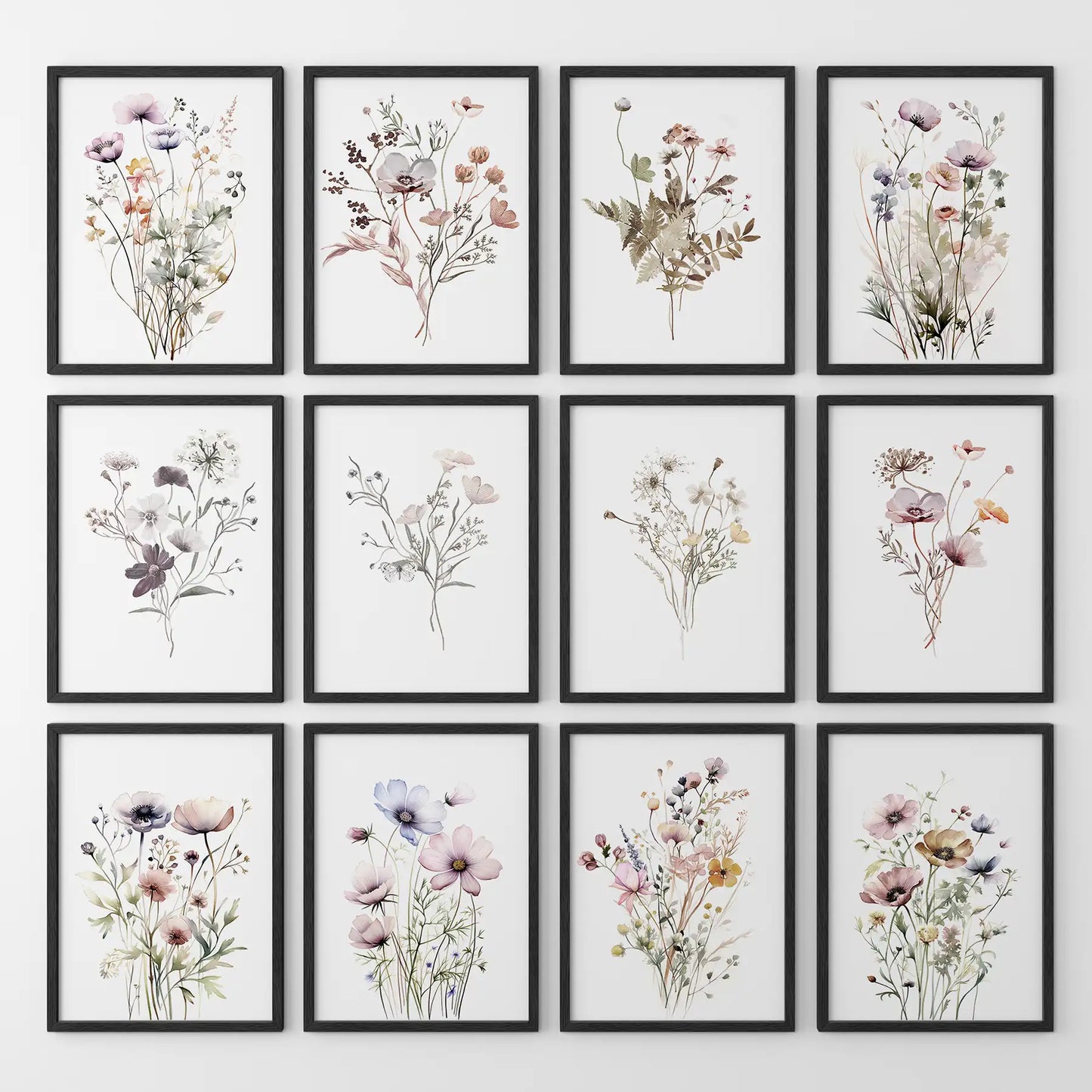 Neutral Wildflower Wall Art Set of 12. Botanical Prints