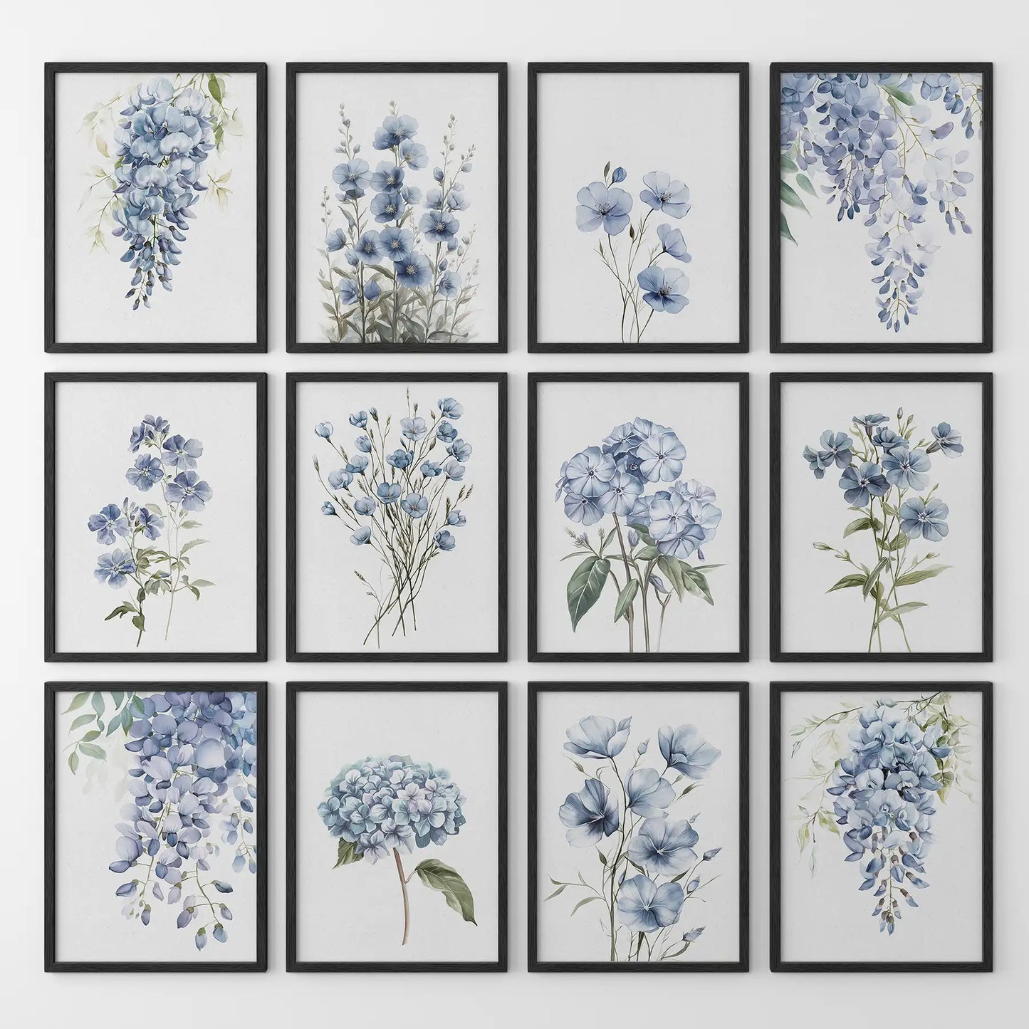 Set of 12 Watercolor Flowers Prints. Blue Hydrangea Wall Art