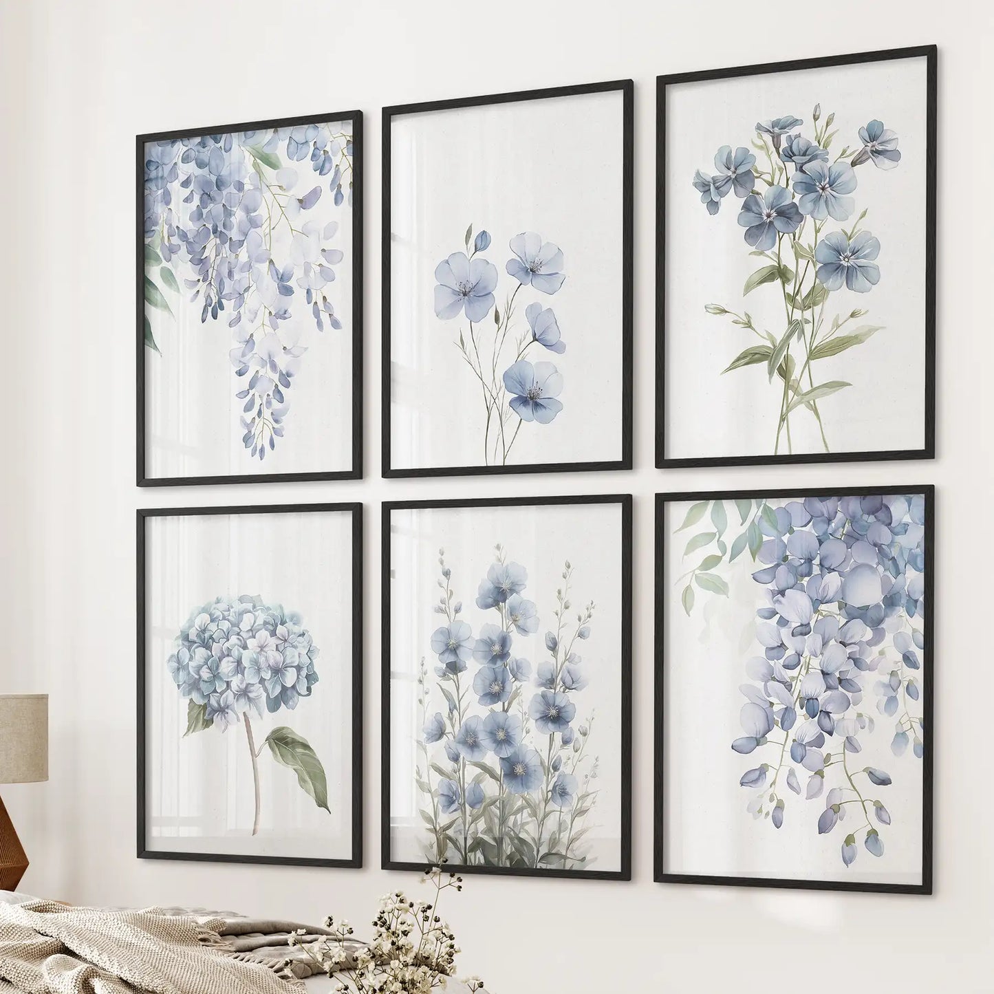 Wisteria, Flax, and Hydrangea Watercolor Art. 6 Piece Décor