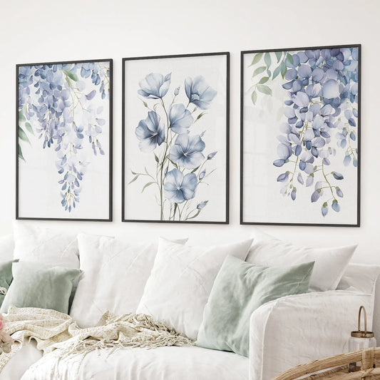 Blue Wall Art Set of 3. Wisteria, Flax Botanical Prints