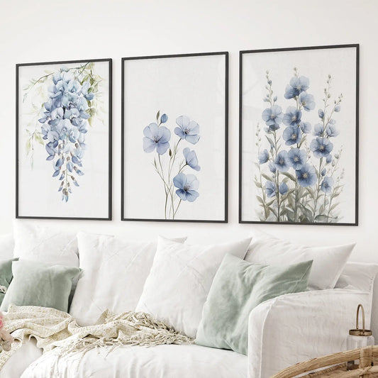 Blue Floral Watercolor Art Set of 3. Elegant Prints